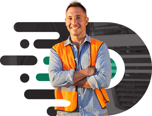 Driveforce logo, with class 4 driver in font smiling. Driver hiring solutions NZ